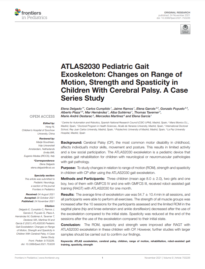 ATLAS2030 Pediatric Gait Exoskeleton Changes on Range of Motion, Strength and Spasticity in Children With Cerebral Palsy. A Case Series Study